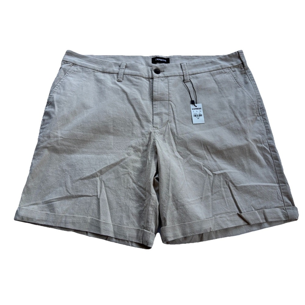 Men's Express NWT Khaki Flat Front Rolled Hem Slim Stretch Chino Shorts Size 38